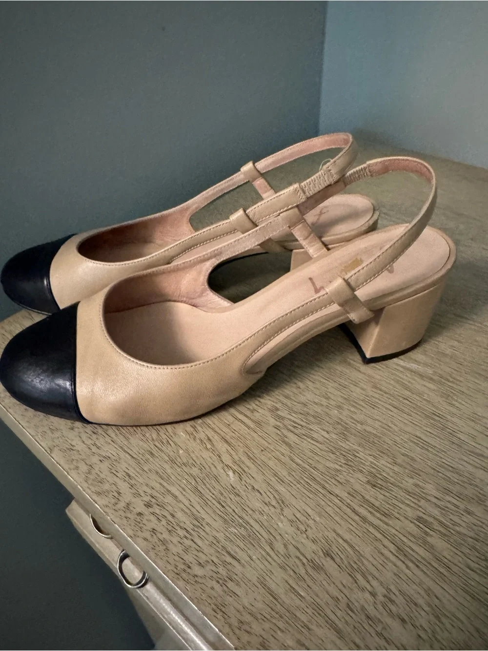French Sole Nude and Black Cap-Toe Slingback Heels